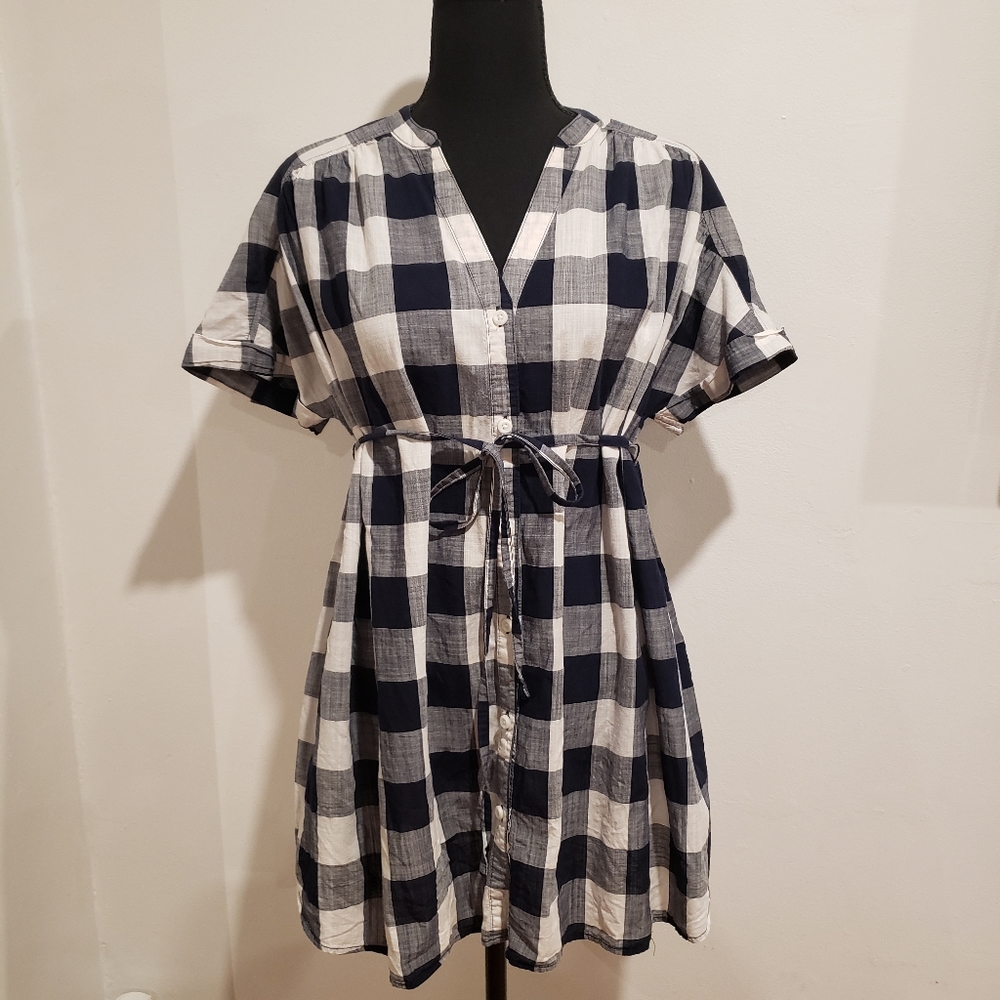Roomy Maternity Tunic! Cotton Navy Buffalo Plaid with Tie
